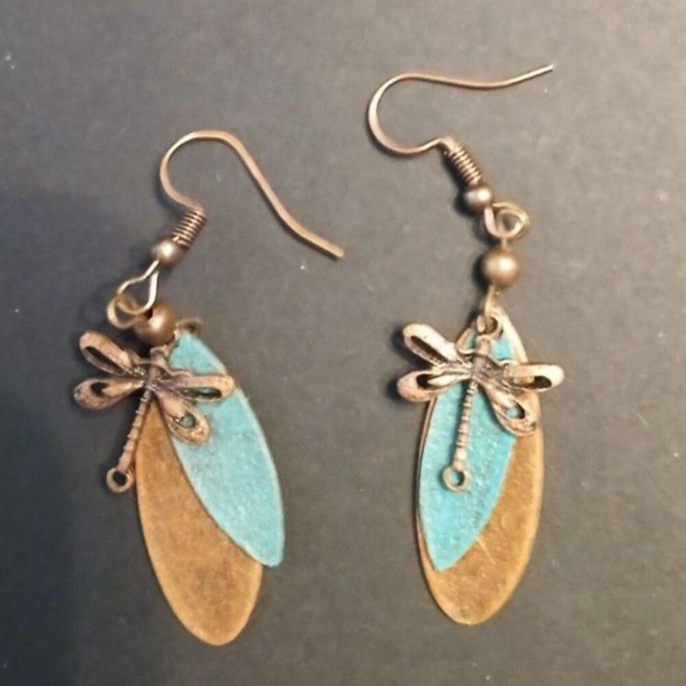 BOHO Dragonfly Earrings Copper Green Dangle Earrings